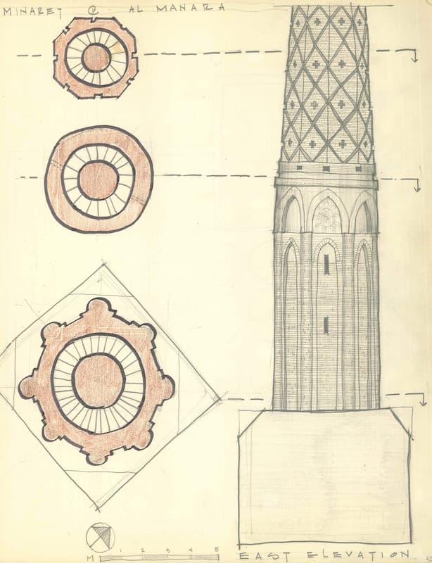Elevation and plans of a minaret at al-Manara